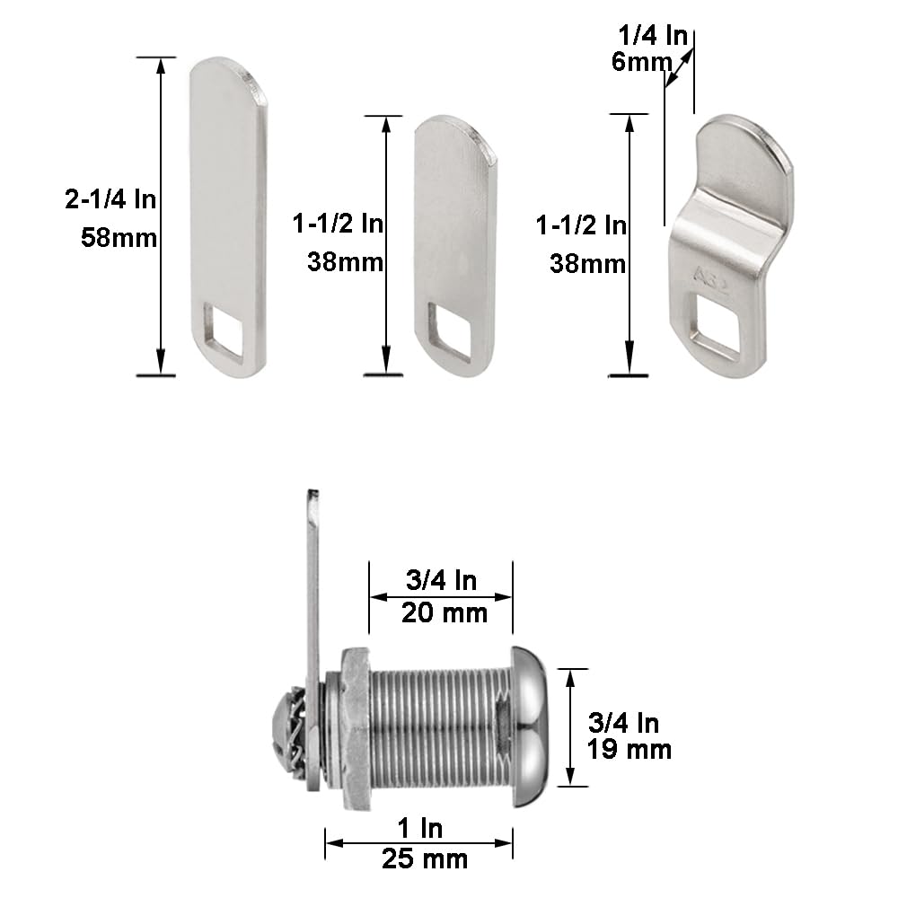 Keyed Alike 1” Cylinder Cam Locks Chrome Finish with 3 Cams and 2 Keys D643