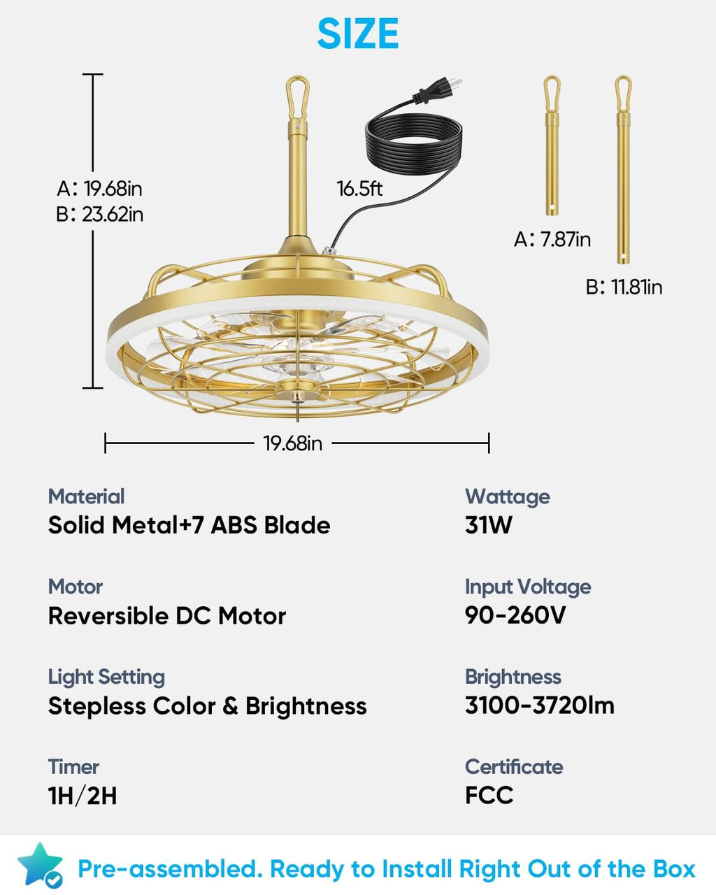 20" Gold Outdoor Ceiling Fan with Light Y15632