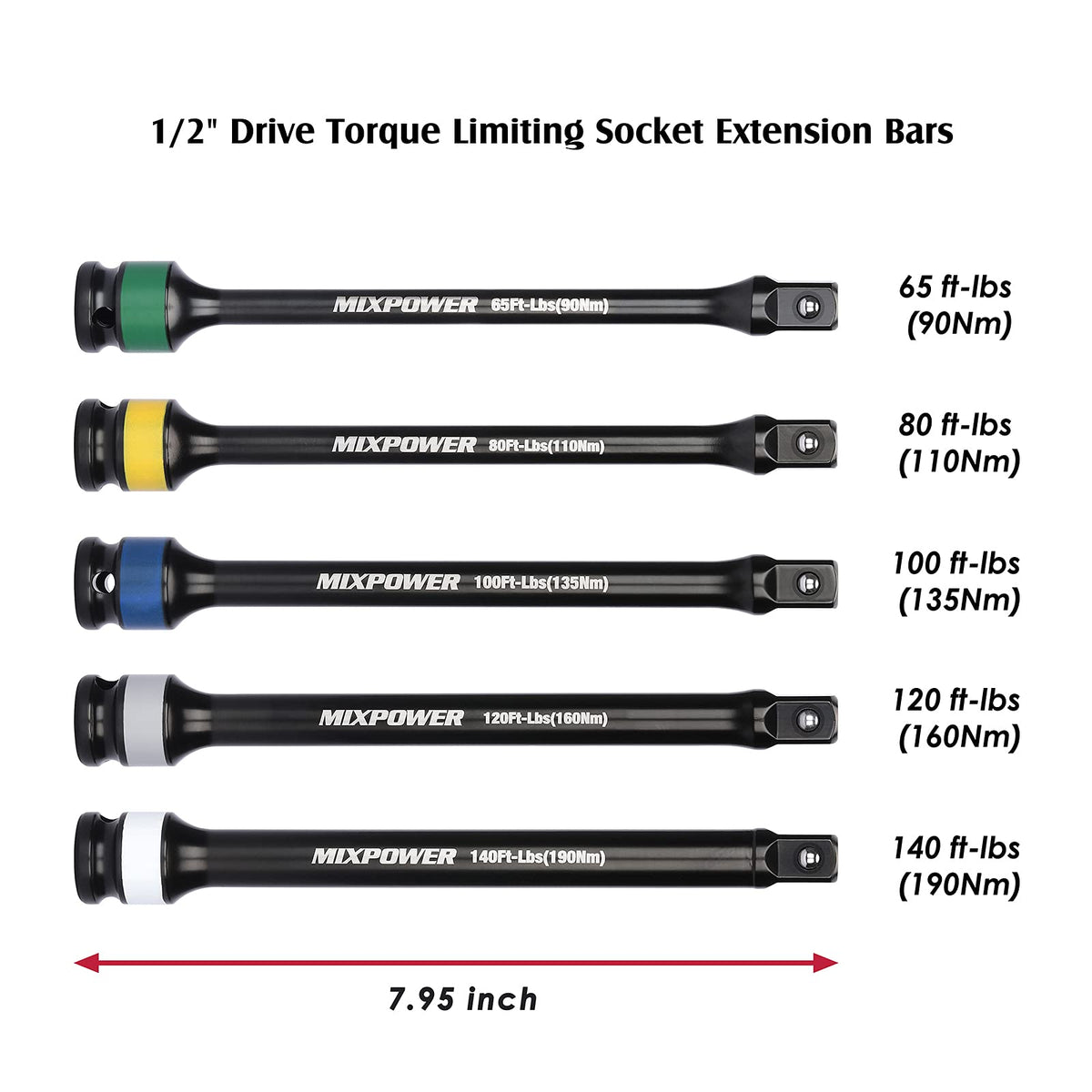 5 Piece 1/2" Drive Torque Limiting Socket Extension Bars K935319