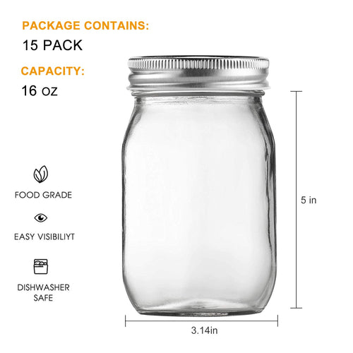 16 Pack 16 oz Glass Mason Jars with Airtight Lids Q415606