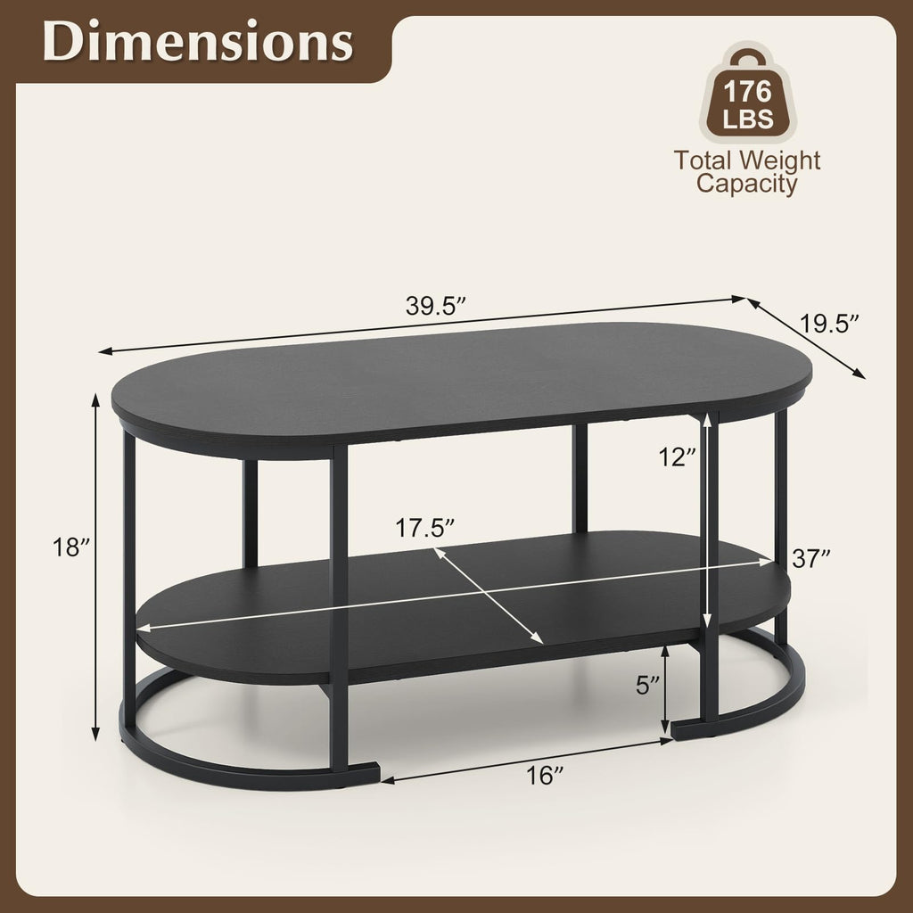 Black 2-Tier Oval Wood Coffee Table with Storage U741