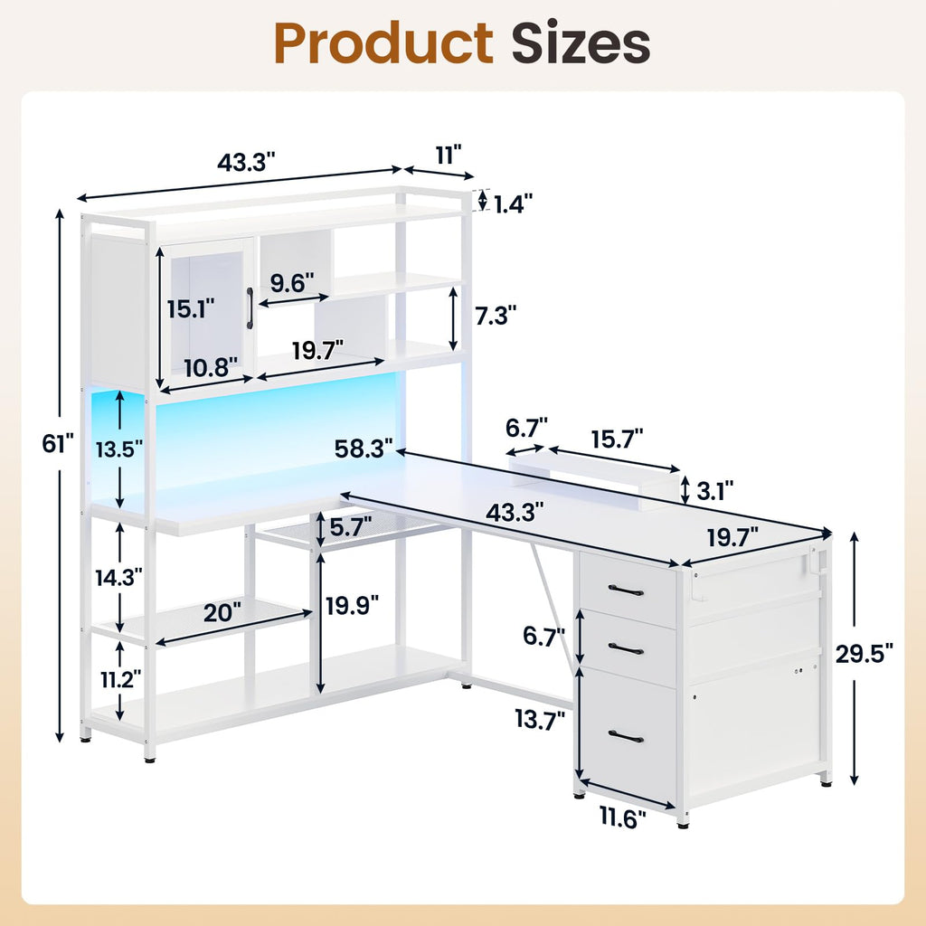 58'' L Shaped Computer Desk with 3 Drawers and Bookshelf O40659