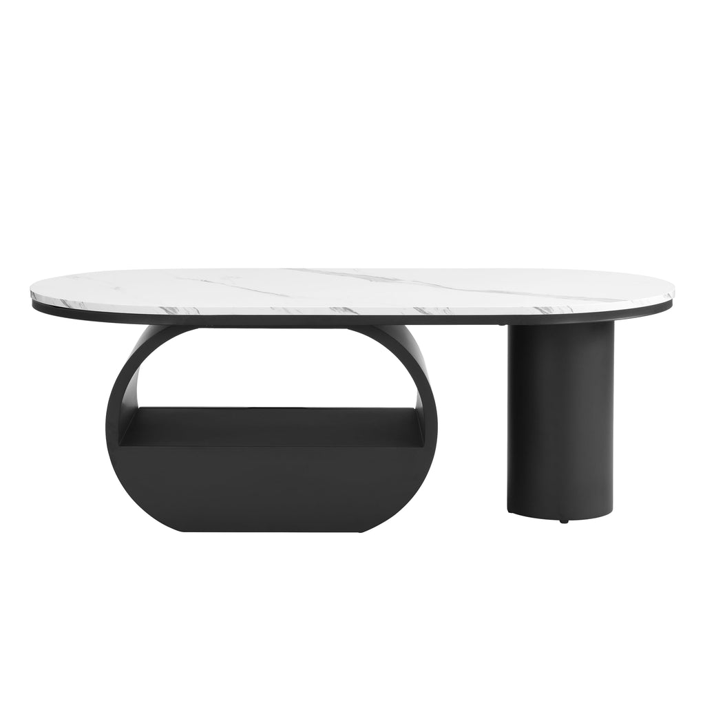 47'' Oval Coffee Table with Drawer, Marble-Grain MDF Top, Black Metal Base V5969