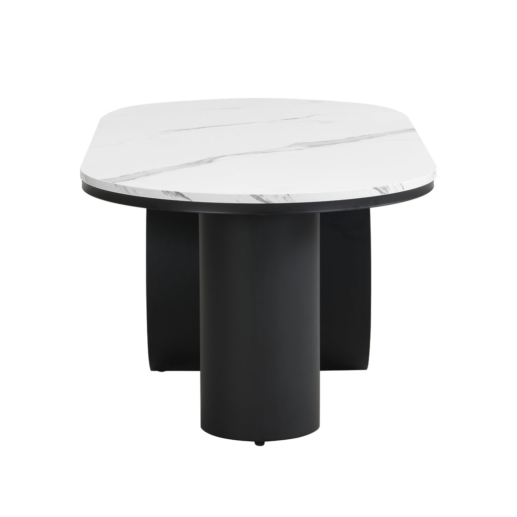 47'' Oval Coffee Table with Drawer, Marble-Grain MDF Top, Black Metal Base V5969