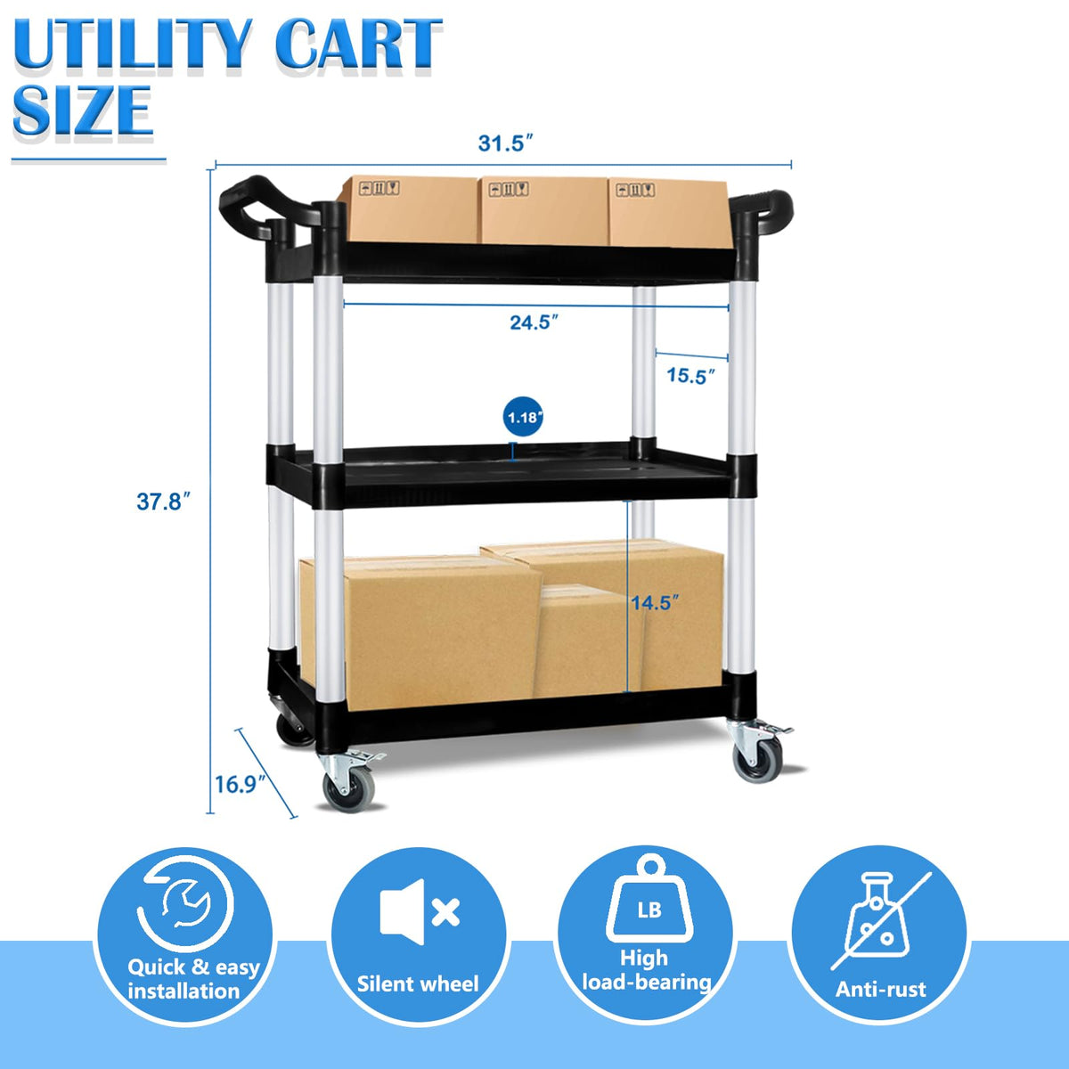 3 Tier Plastic Utility Cart with Wheels P847