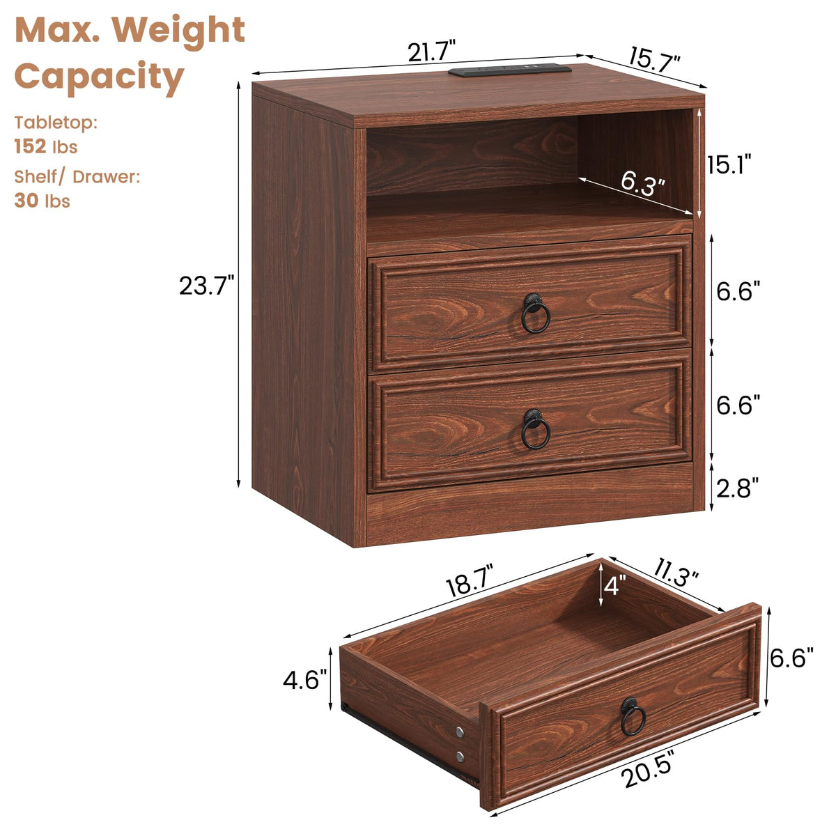 21.7" Wide Cherry Wood Nightstand with 2 Drawers L341377