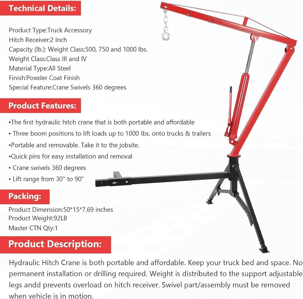 1000 LBS Hydraulic Truck Crane with 3 Adjustable Booms H5527