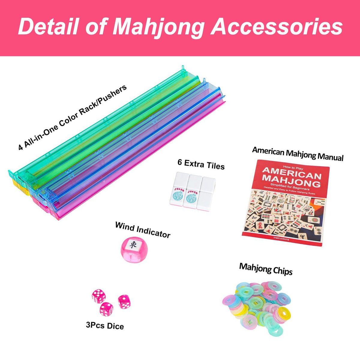American Mahjong Game Set, 166 Pink Tiles, 4 All-in-One Color Rack/Pushers & Drawstring Bag E694