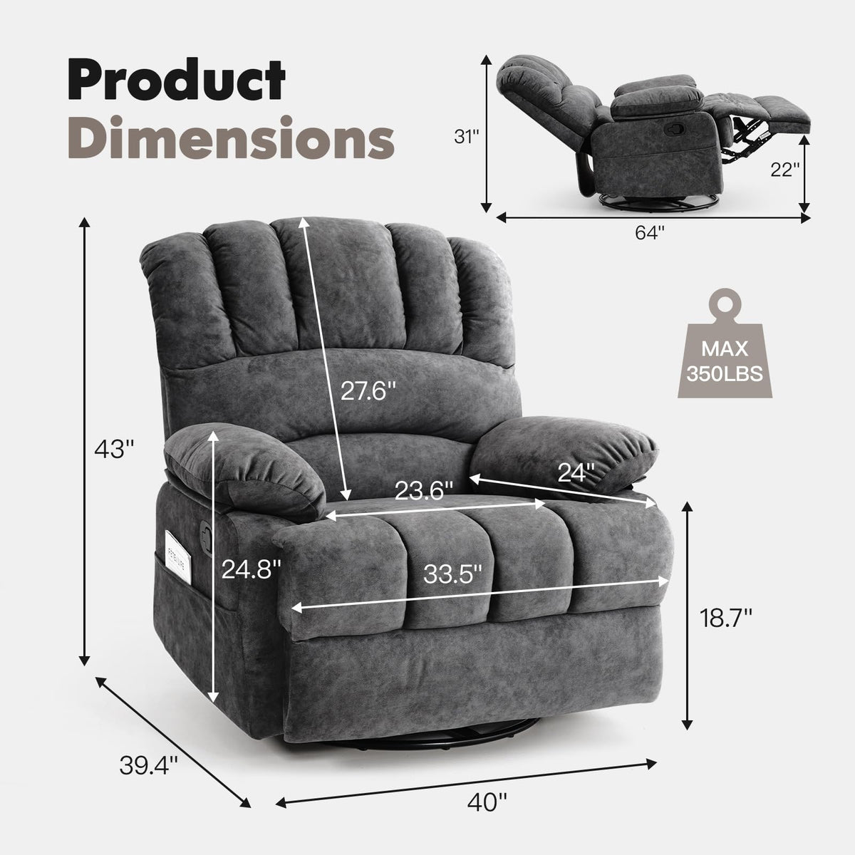 Oversized Manual Swivel Rocker Recliner Chair X1961