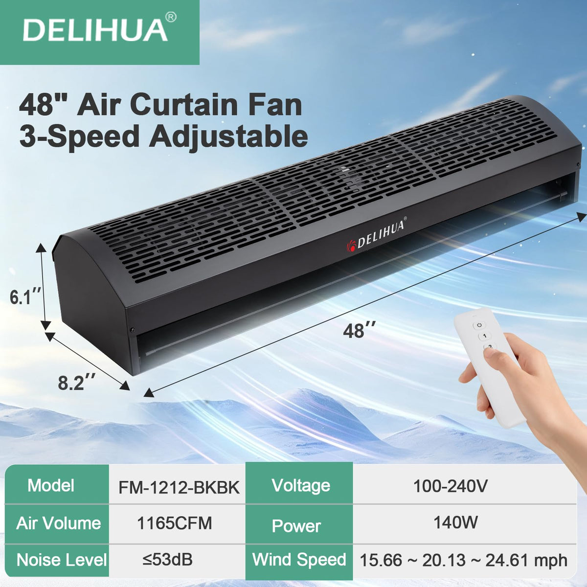 48 Inch Black Air Curtain Fan with Magnetic Door Switch R121