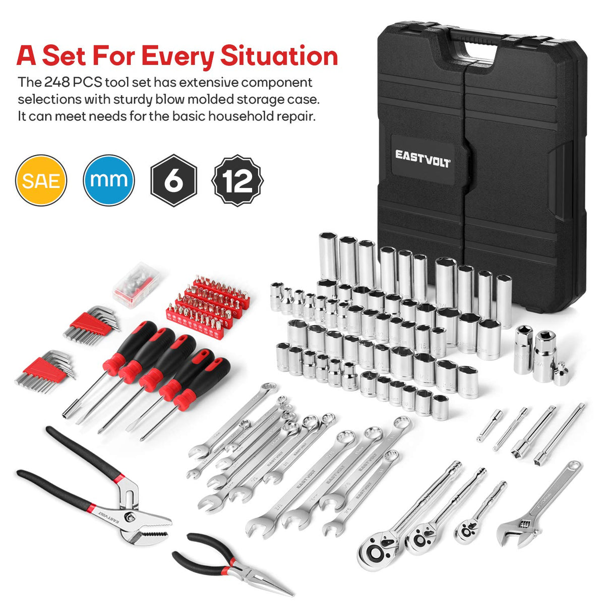 248 Pieces Mixed Sockets and Wrenches Hand Tool Set with Storage Case C55143