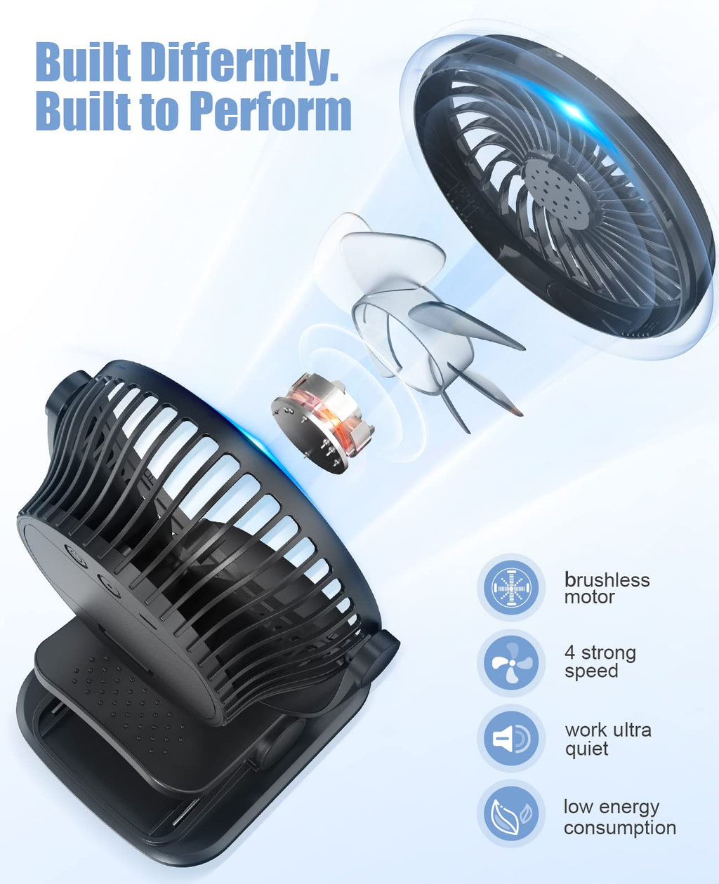 Battery Operated Clip on Fan, USB Powered Portable Desk Fan 4 Speeds X616475
