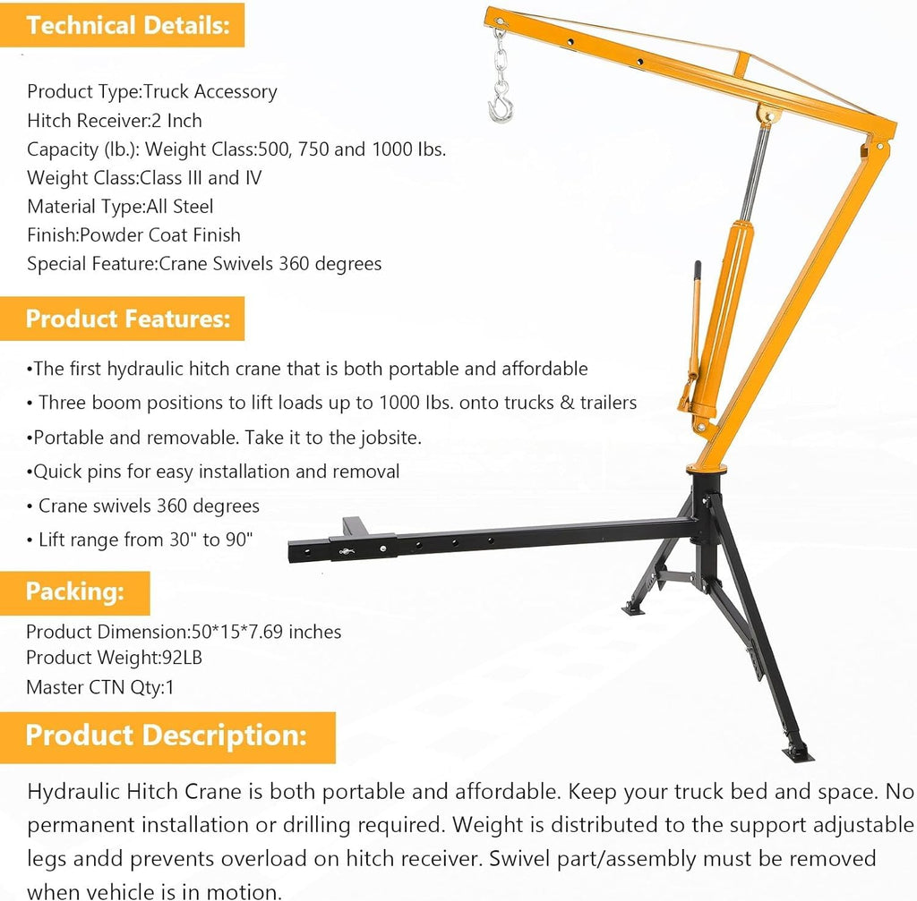 Hydraulic Hitch Mounted Pickup Truck Crane, 1000 Lbs Capacity, 360° Swivel, Yellow C201