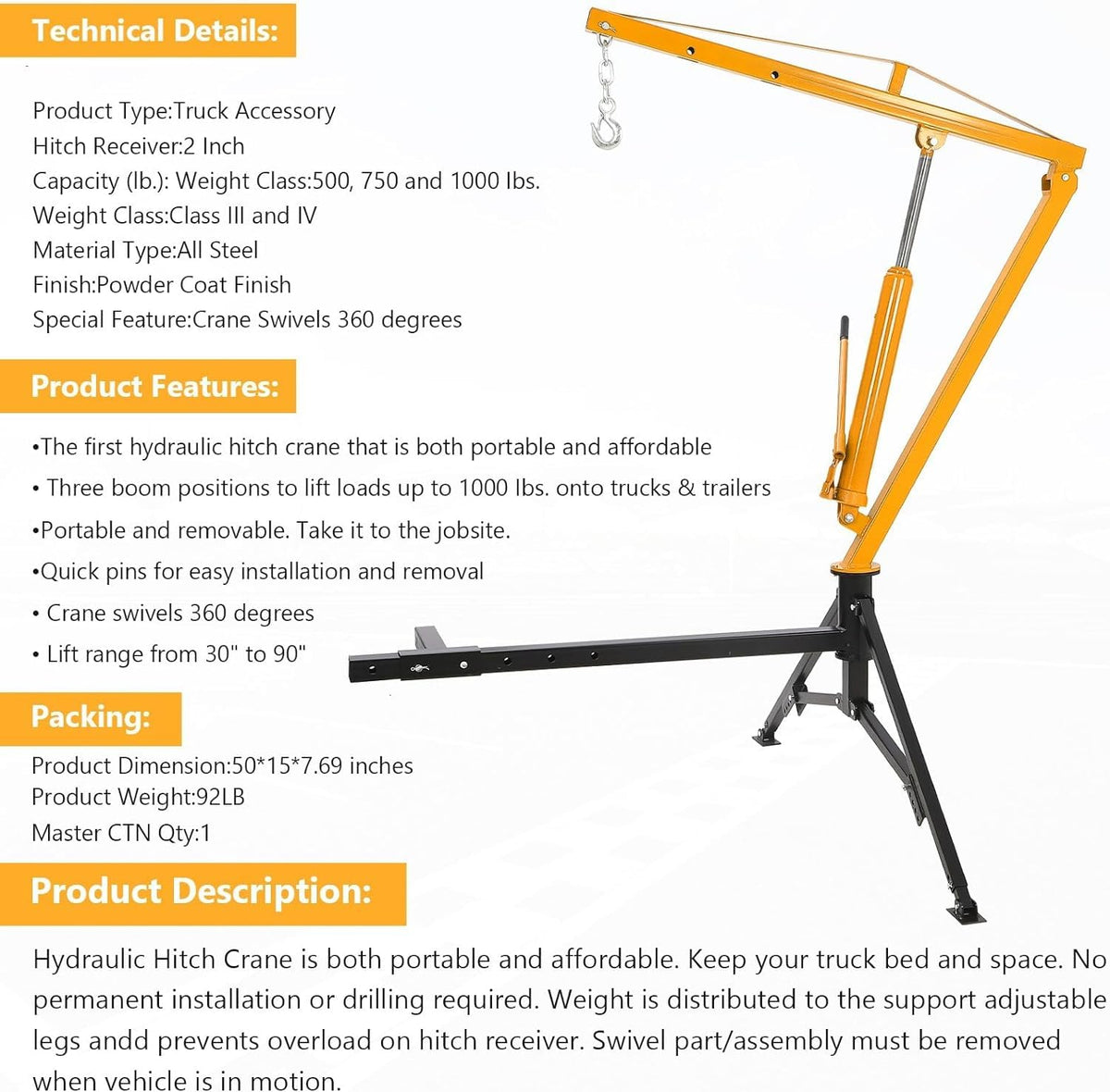 Hydraulic Hitch Mounted Pickup Truck Crane, 1000 Lbs Capacity, 360° Swivel, Yellow C201