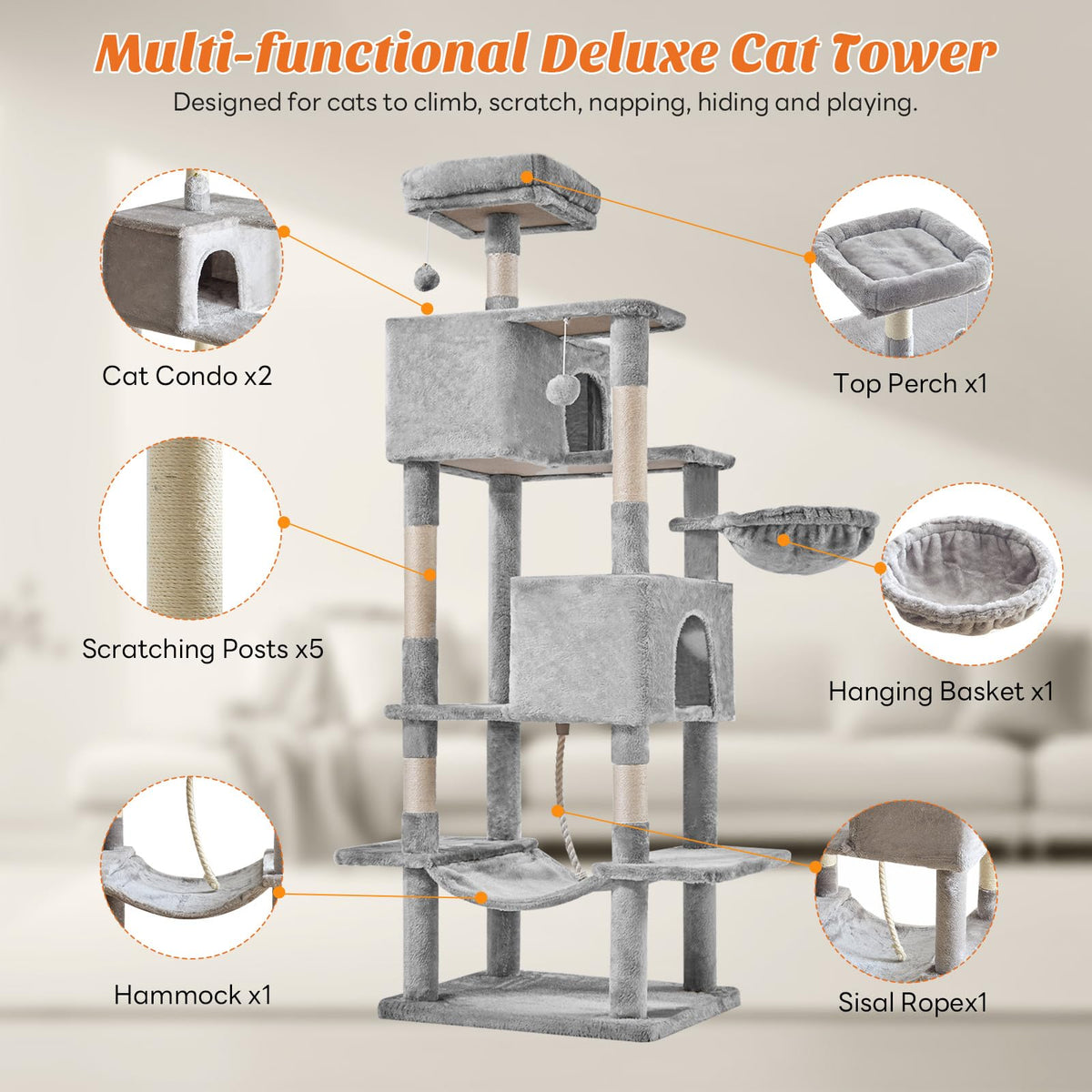 66 Inch Cat Tree Tower with Sisal Scratching Post G2796