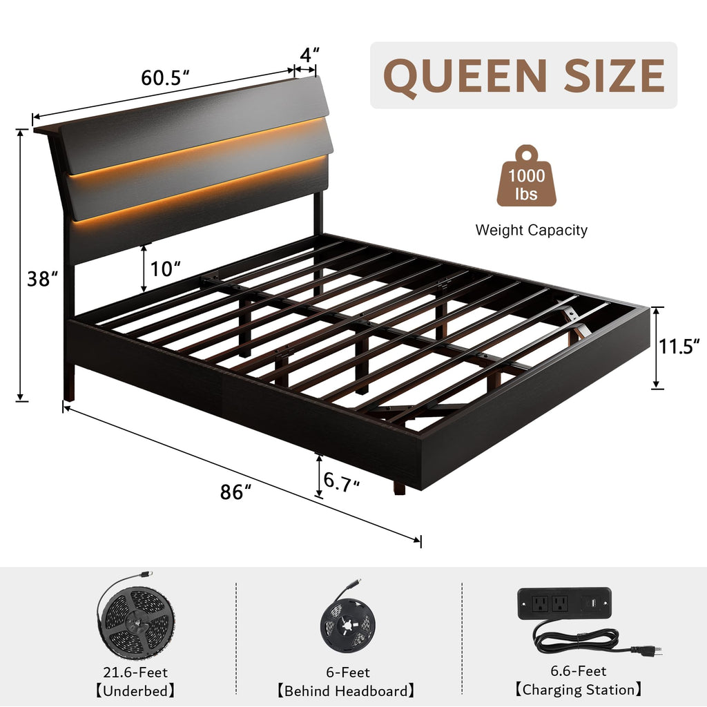 Queen Floating Bed Frame with LED Lights & Charging Station J379091