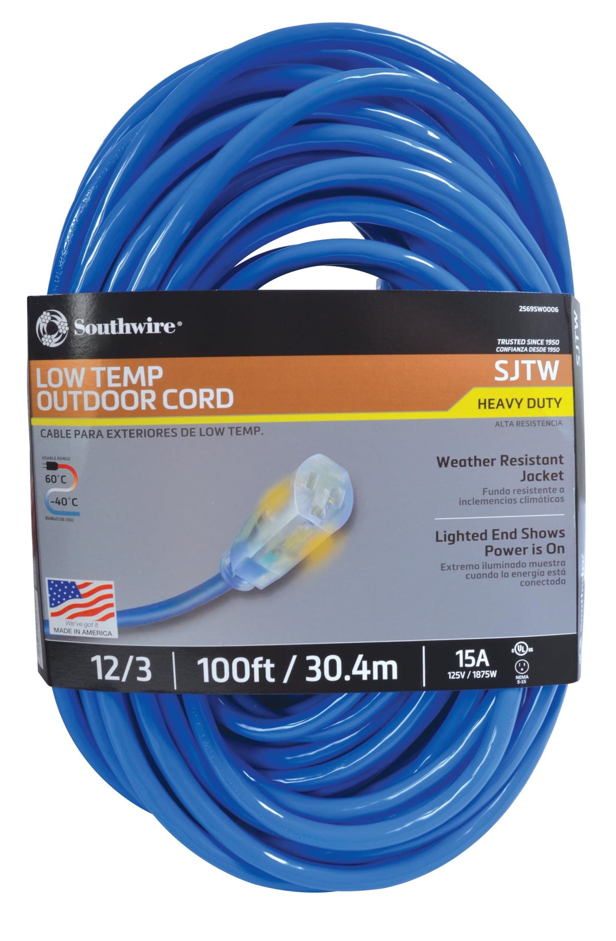 12/3 Heavy-Duty Extension Cord, 100Ft, SJTW, Blue C95502