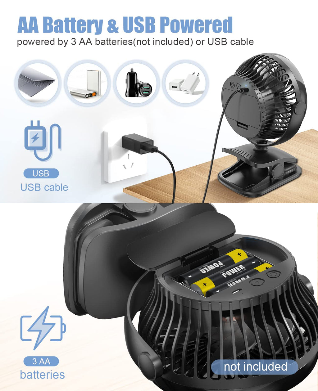 Battery Operated Clip on Fan, USB Powered Portable Desk Fan 4 Speeds X616475
