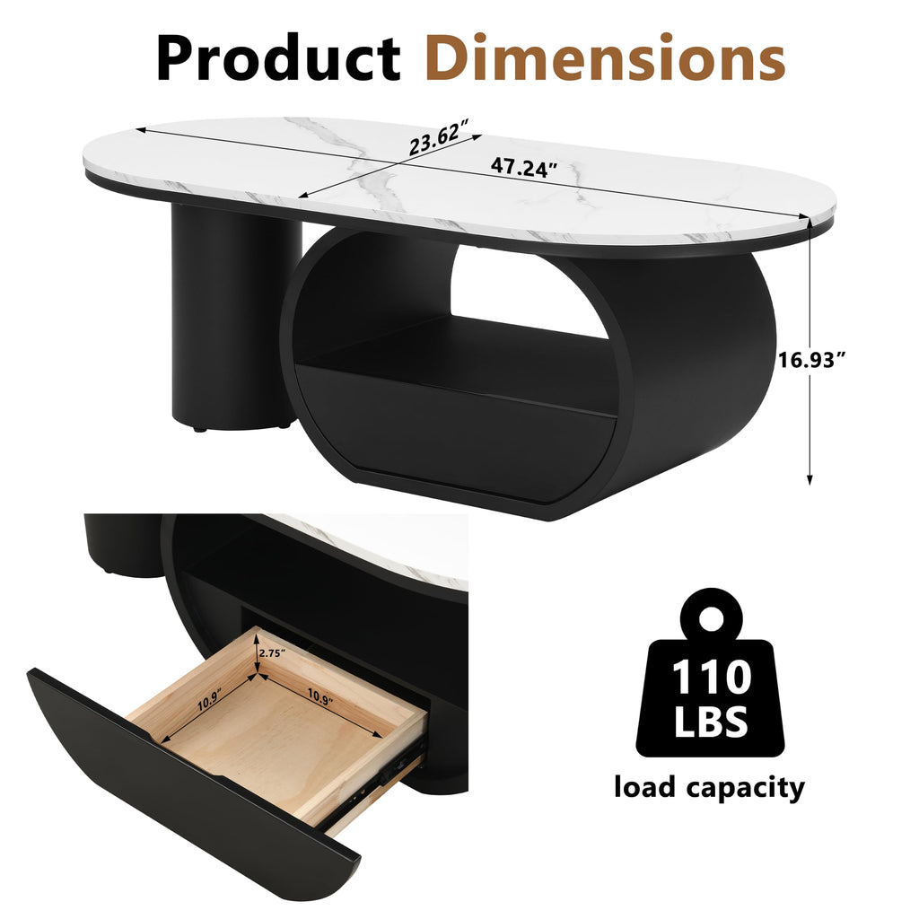 47'' Oval Coffee Table with Drawer, Marble-Grain MDF Top, Black Metal Base V5969