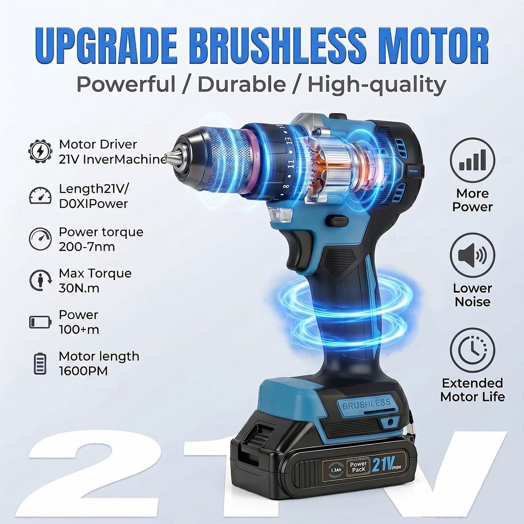 21V Brushless Cordless Drill Driver Kit with 2 Batteries & Charger J33835