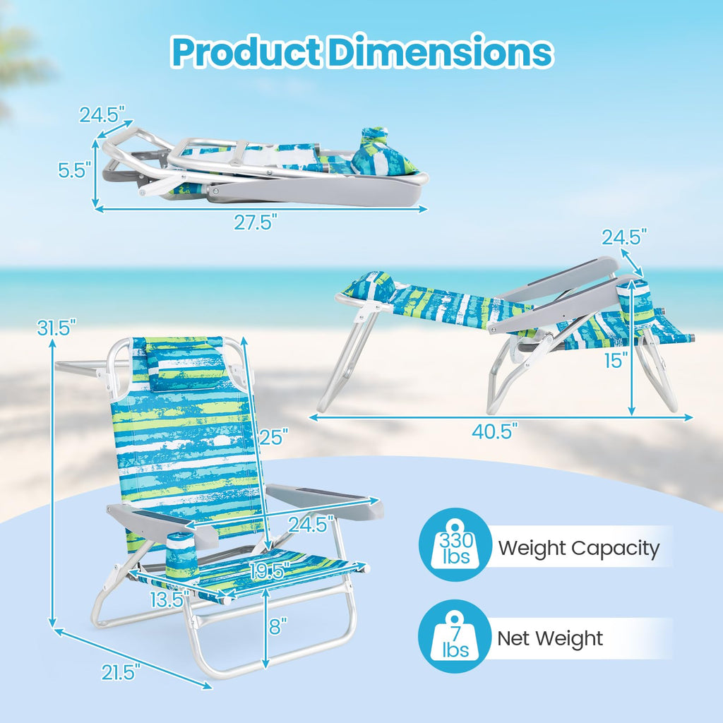 2Pcs Folding Camping Chair with Adjustable Backrest, Cup Holder & Headrest, Green Y6283