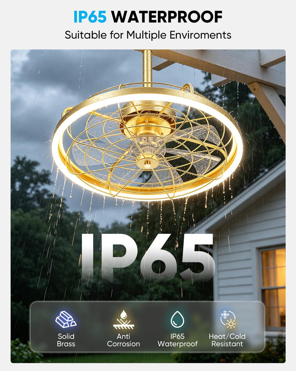 20" Gold Outdoor Ceiling Fan with Light Y15632