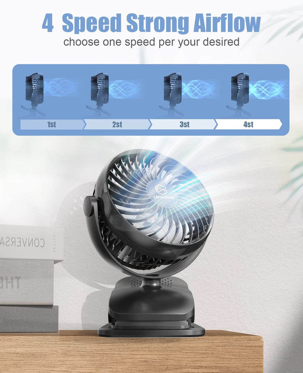 Battery Operated Clip on Fan, USB Powered Portable Desk Fan 4 Speeds X616475