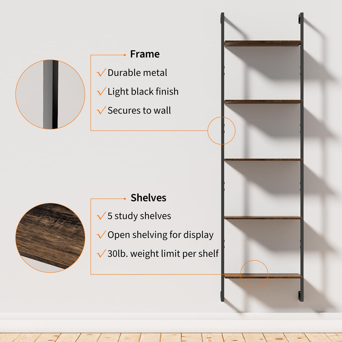 5 Tier Wall Mounted Bookshelf E320