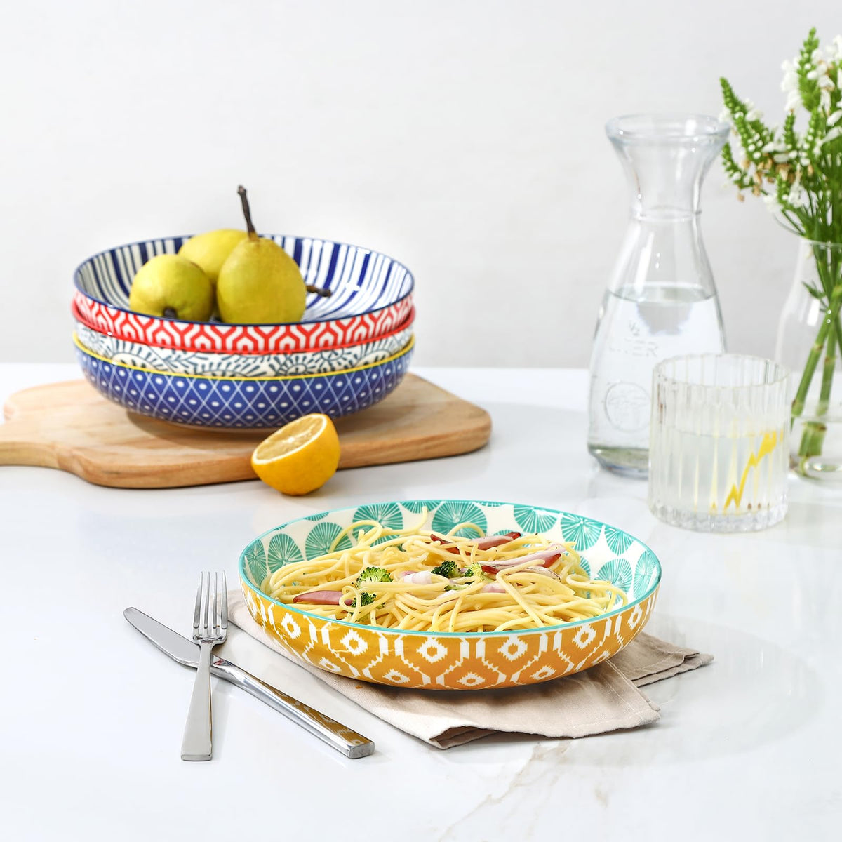 Ceramic Pasta Bowls Set of 4, 34 OZ Y480