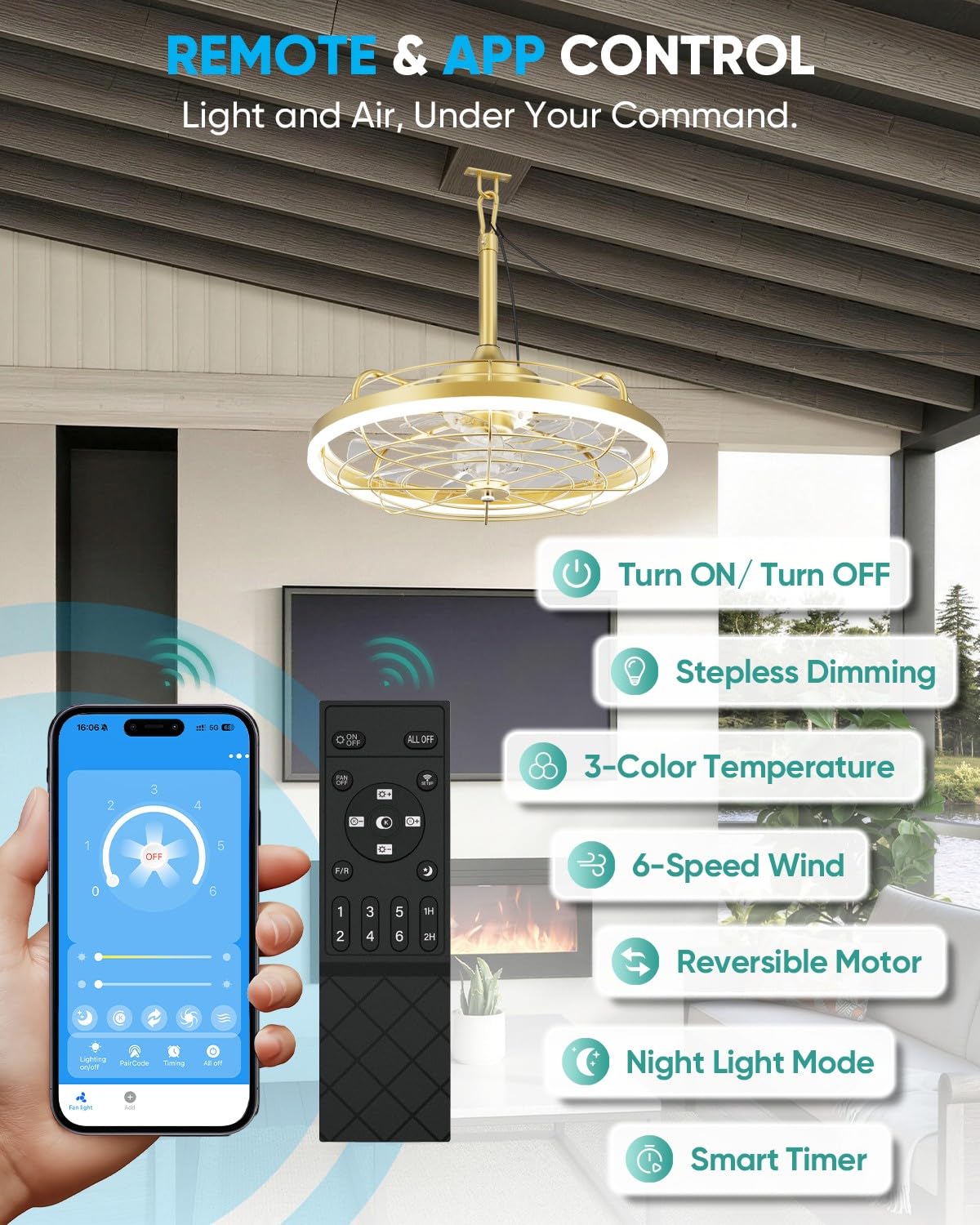 20" Gold Outdoor Ceiling Fan with Light Y15632