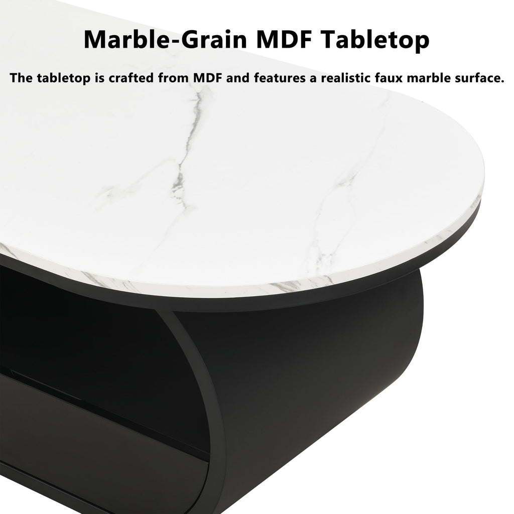 47'' Oval Coffee Table with Drawer, Marble-Grain MDF Top, Black Metal Base V5969