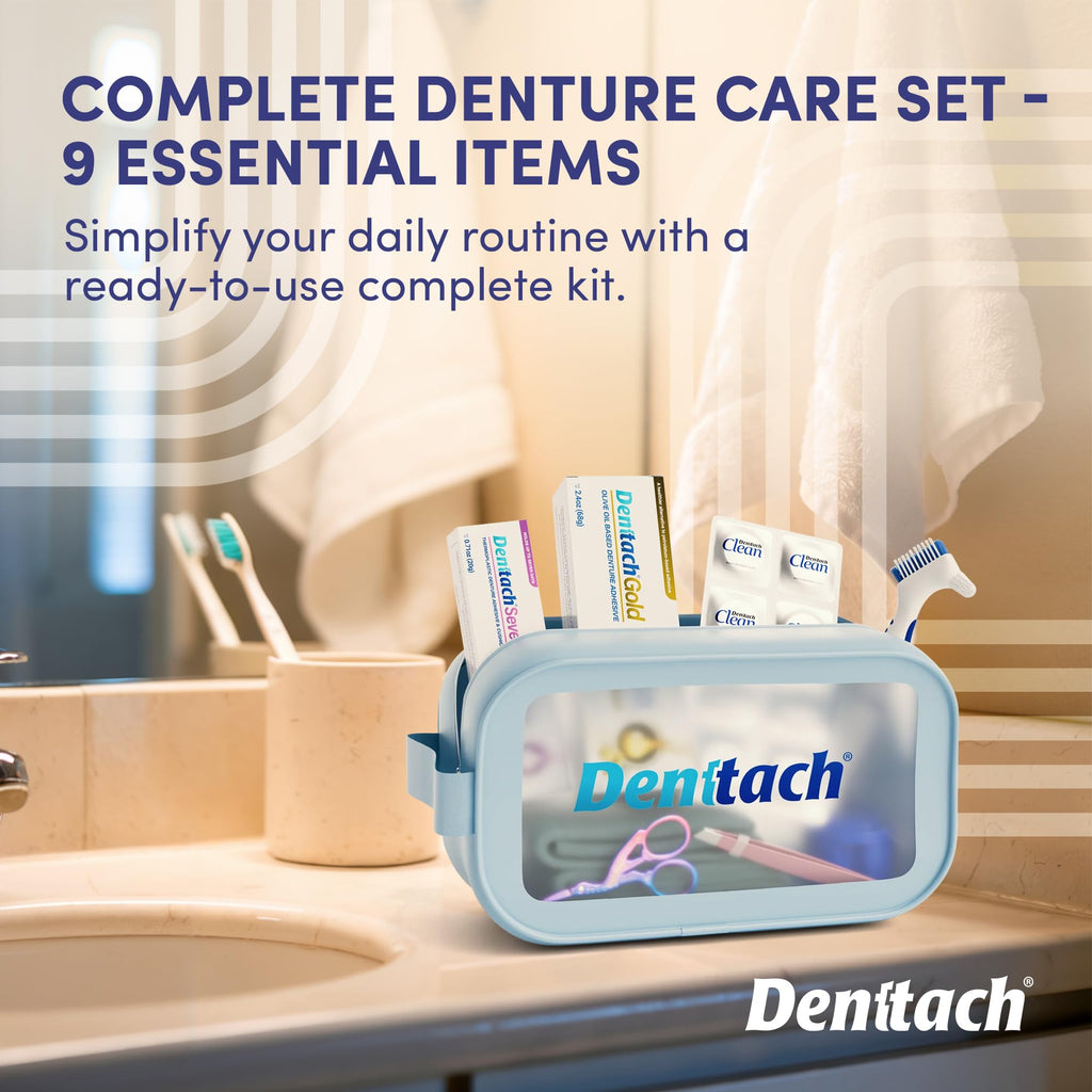 9 Piece Denture Starter Kit with Adhesive, Clean Tablets, Case, Brush, Scissors, Tweezers & Towel K942449