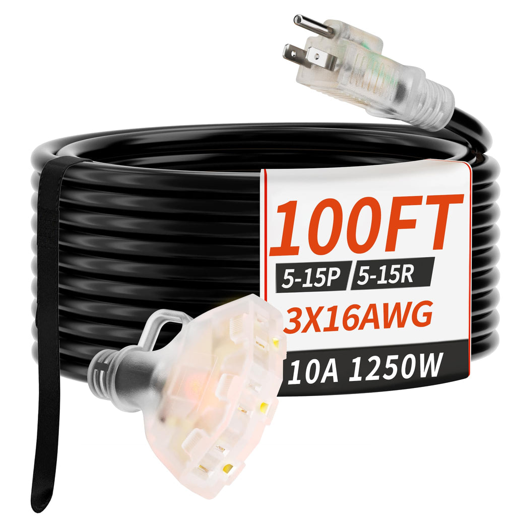 100 FT 16/3 Outdoor Extension Cord with Multiple Outlets Black V825109