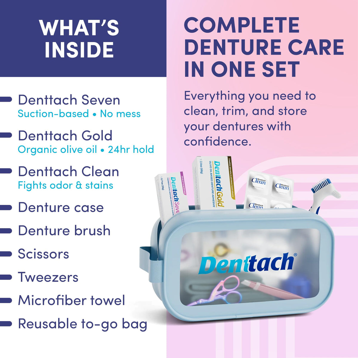 9 Piece Denture Starter Kit with Adhesive, Clean Tablets, Case, Brush, Scissors, Tweezers & Towel K942449