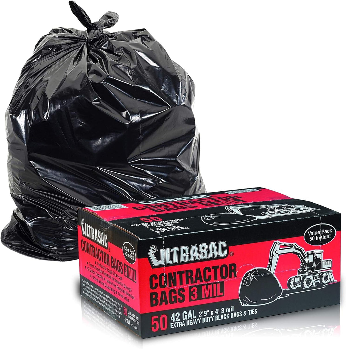 Heavy Duty 50 Pack 42 Gallon 3 MIL Black Contractor Bags K931