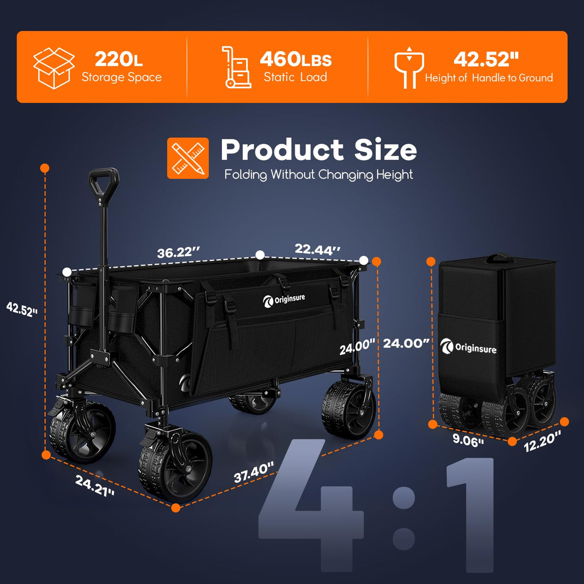 220L Collapsible Beach Wagon Cart with Big Wheels, Black P633683