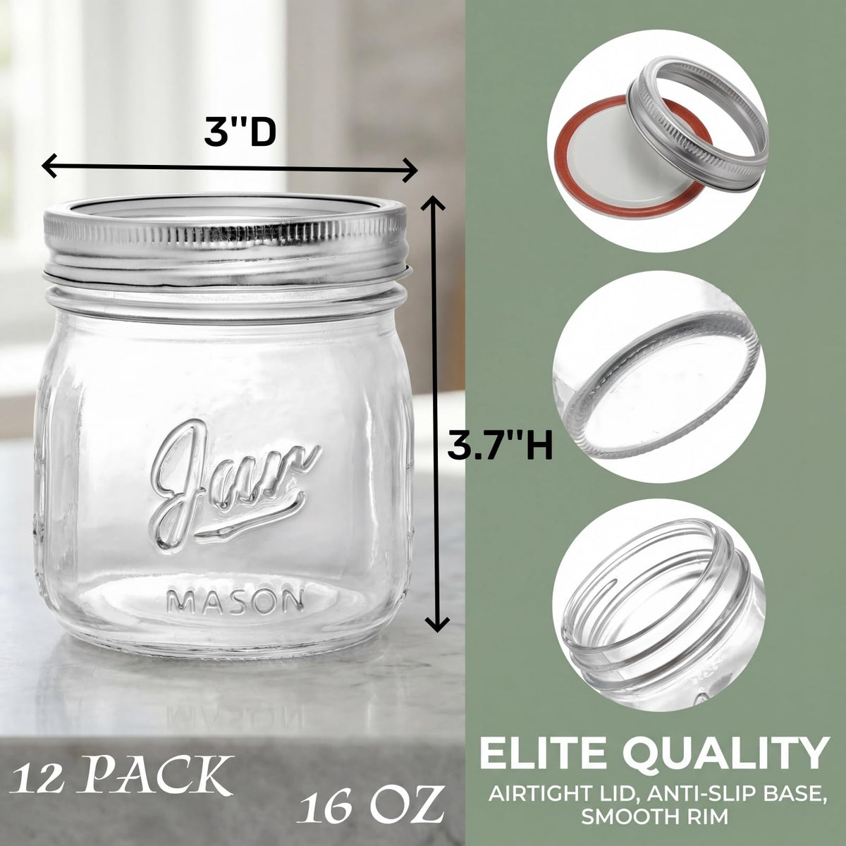 12 Pack 16 Oz Wide Mouth Glass Mason Jars Q145