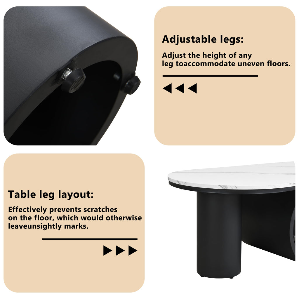 47'' Oval Coffee Table with Drawer, Marble-Grain MDF Top, Black Metal Base V5969