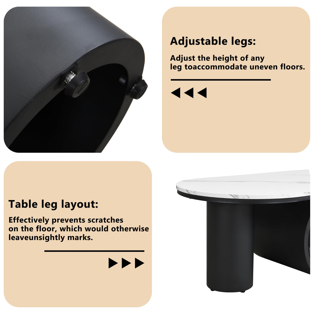 47'' Oval Coffee Table with Drawer, Marble-Grain MDF Top, Black Metal Base V5969