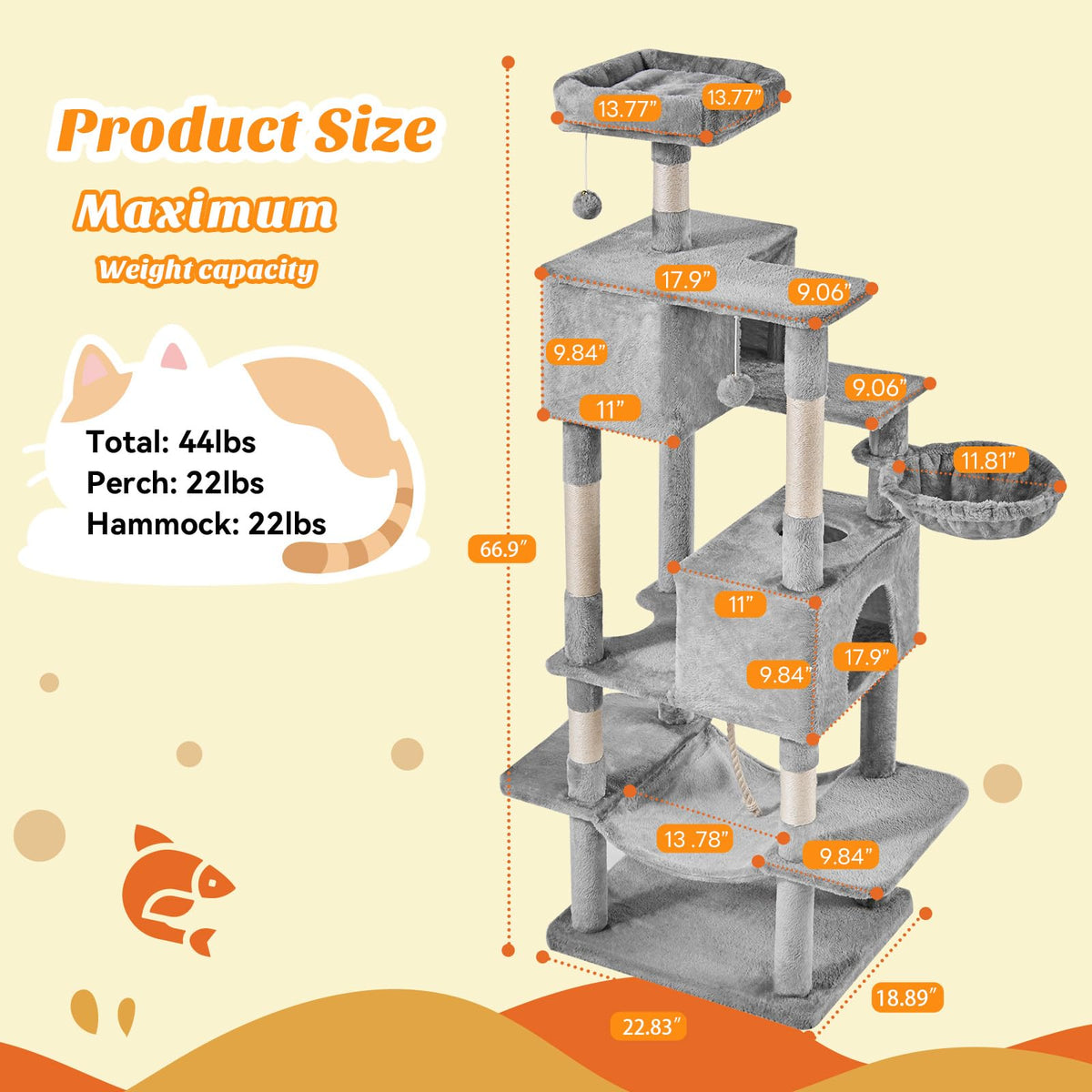 66 Inch Cat Tree Tower with Sisal Scratching Post G2796