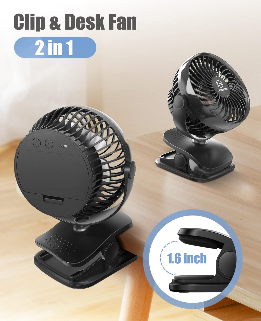 Battery Operated Clip on Fan, USB Powered Portable Desk Fan 4 Speeds X616475