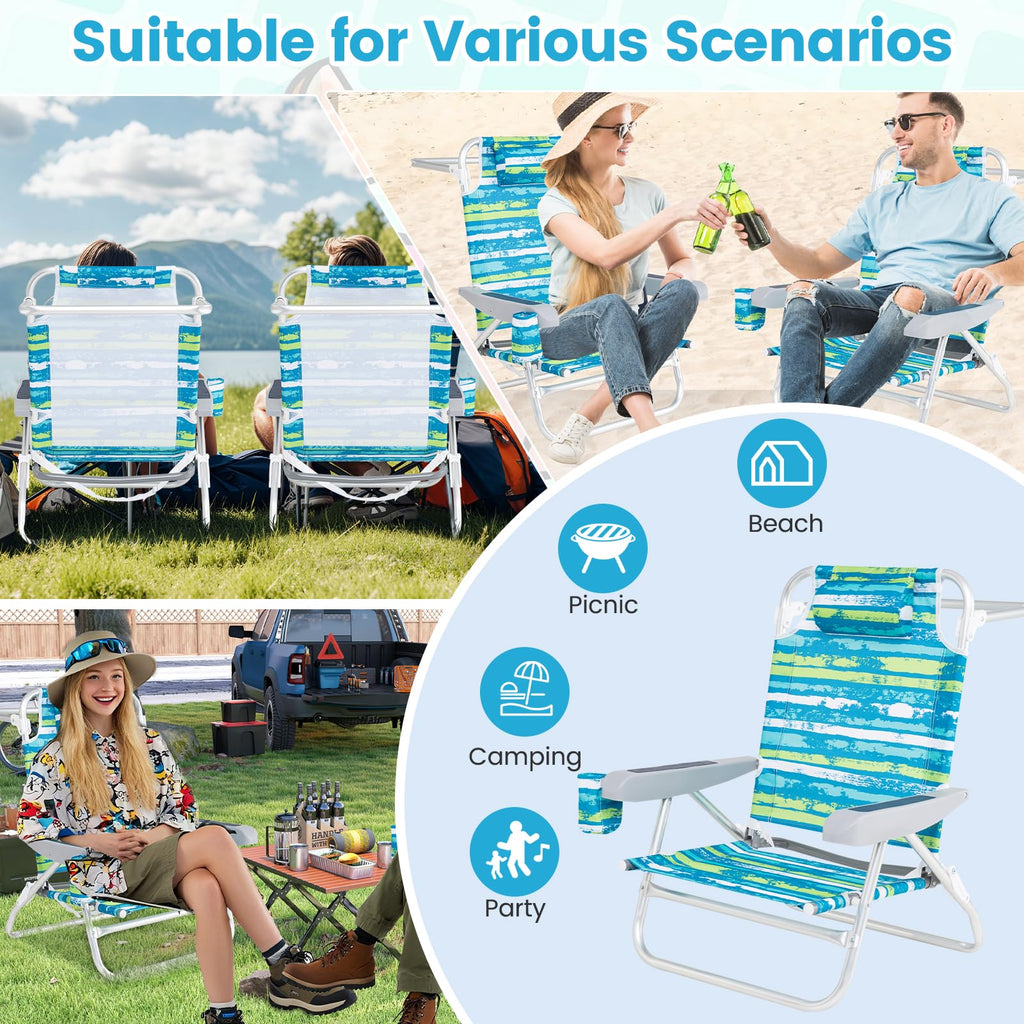 2Pcs Folding Camping Chair with Adjustable Backrest, Cup Holder & Headrest, Green Y6283