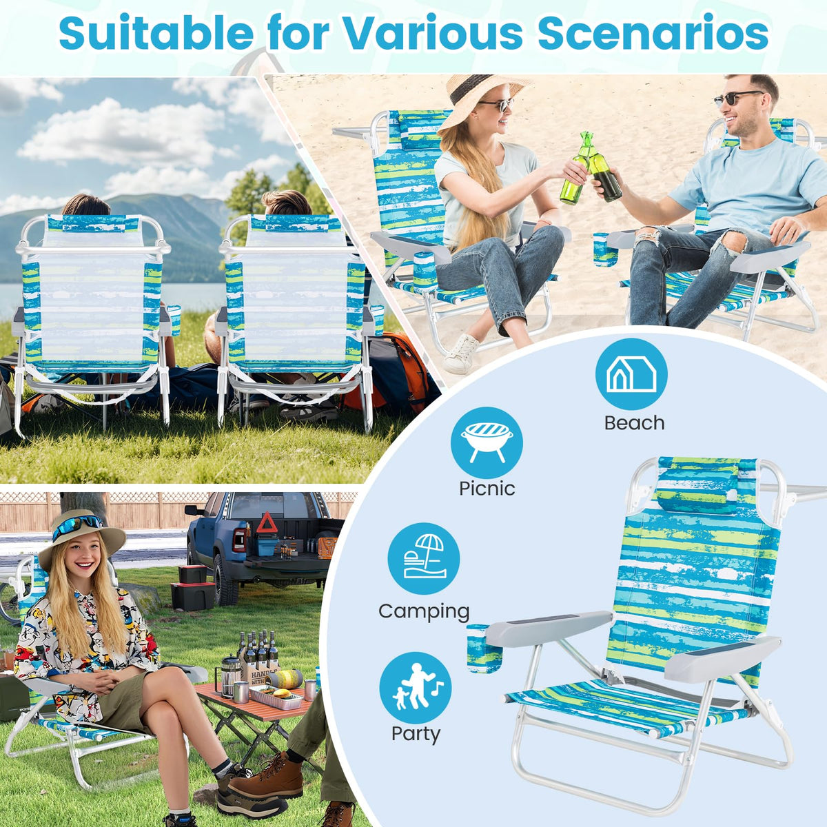 2Pcs Folding Camping Chair with Adjustable Backrest, Cup Holder & Headrest, Green Y6283