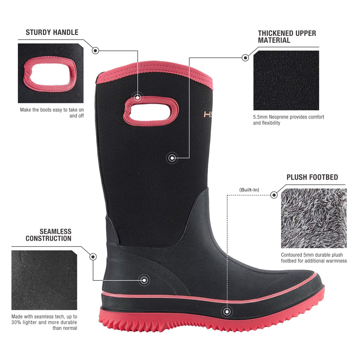 Women Waterproof Mid Calf Neoprene Rubber Rain Boots S95485