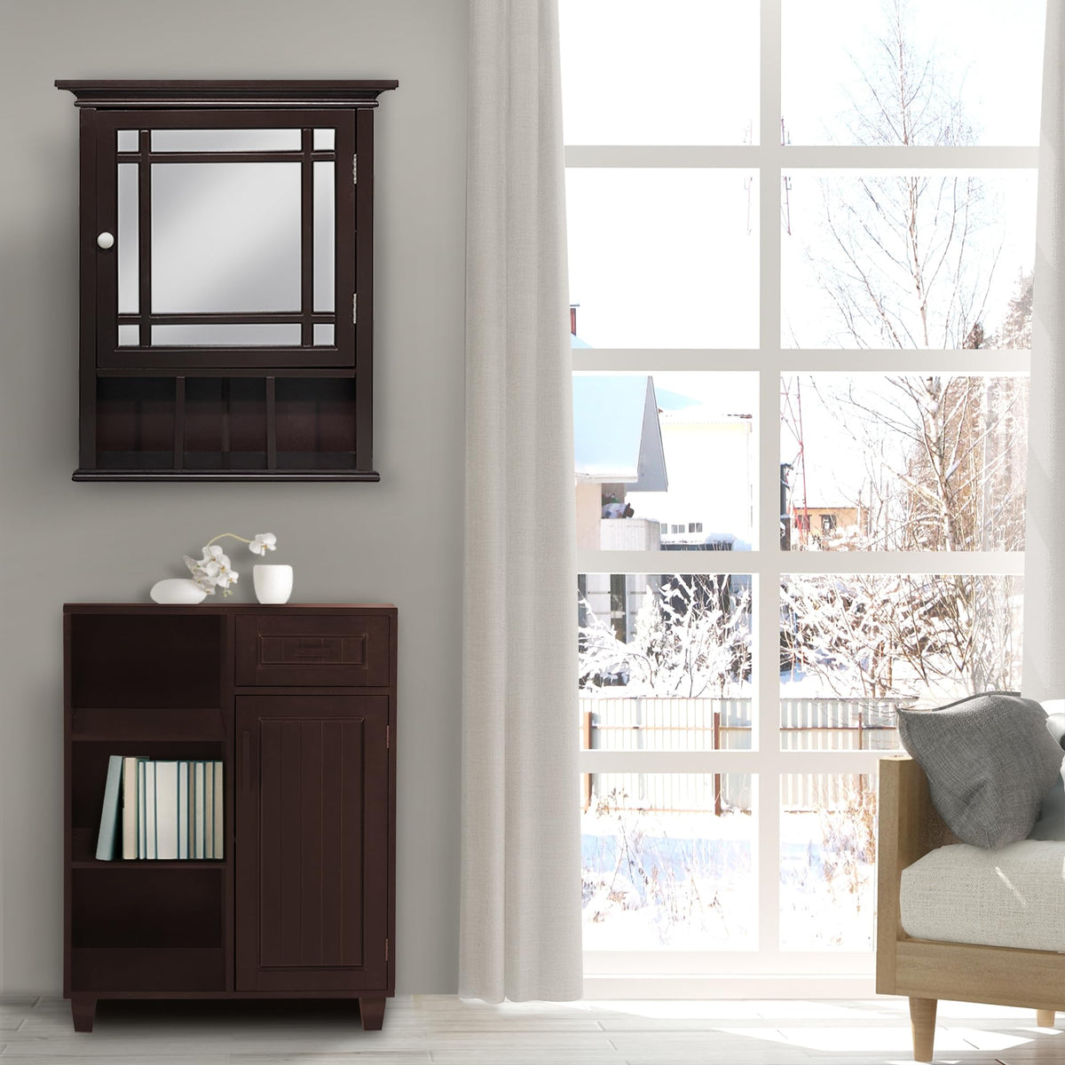 Espresso Wooden Over the Toilet Bathroom Medicine Cabinet with Mirror Q21621