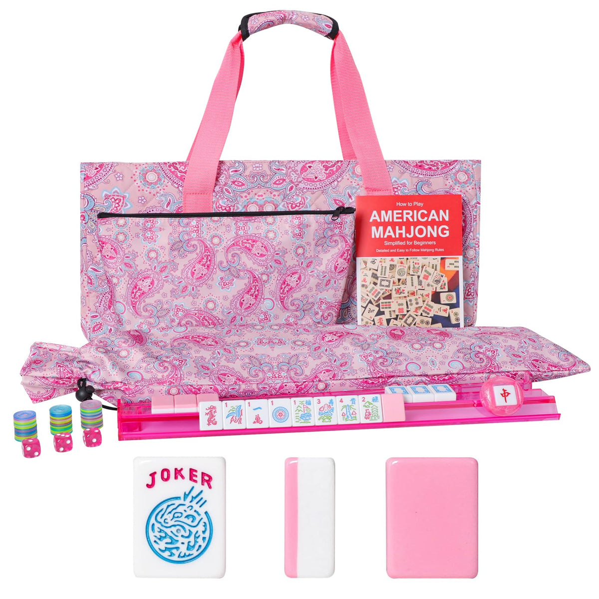 American Mahjong Game Set, 166 Pink Tiles, 4 All-in-One Color Rack/Pushers & Drawstring Bag E694