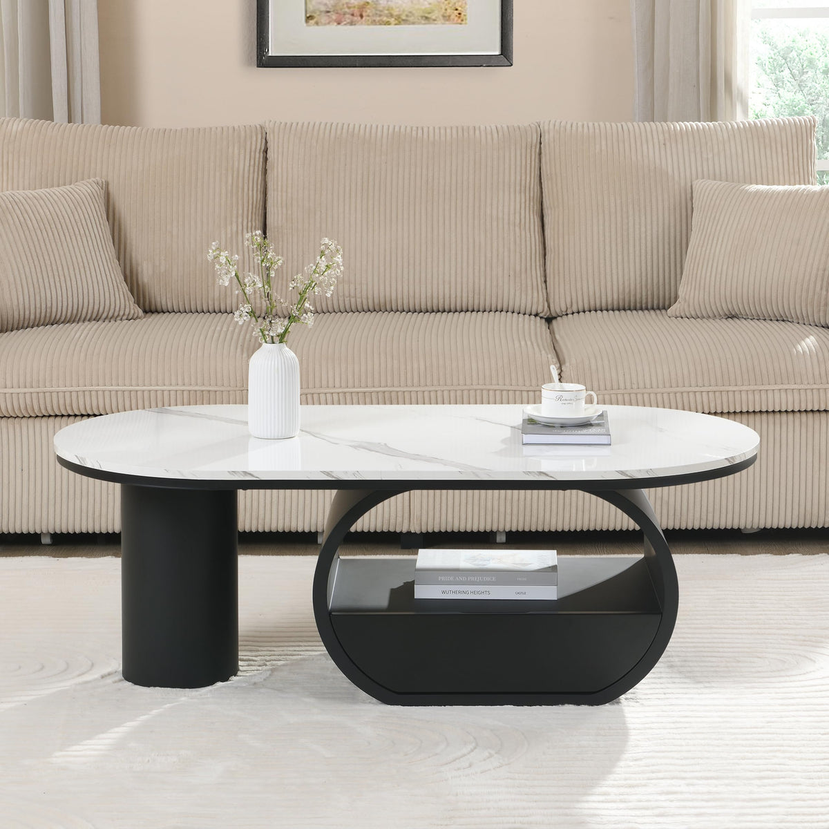 47'' Oval Coffee Table with Drawer, Marble-Grain MDF Top, Black Metal Base V5969