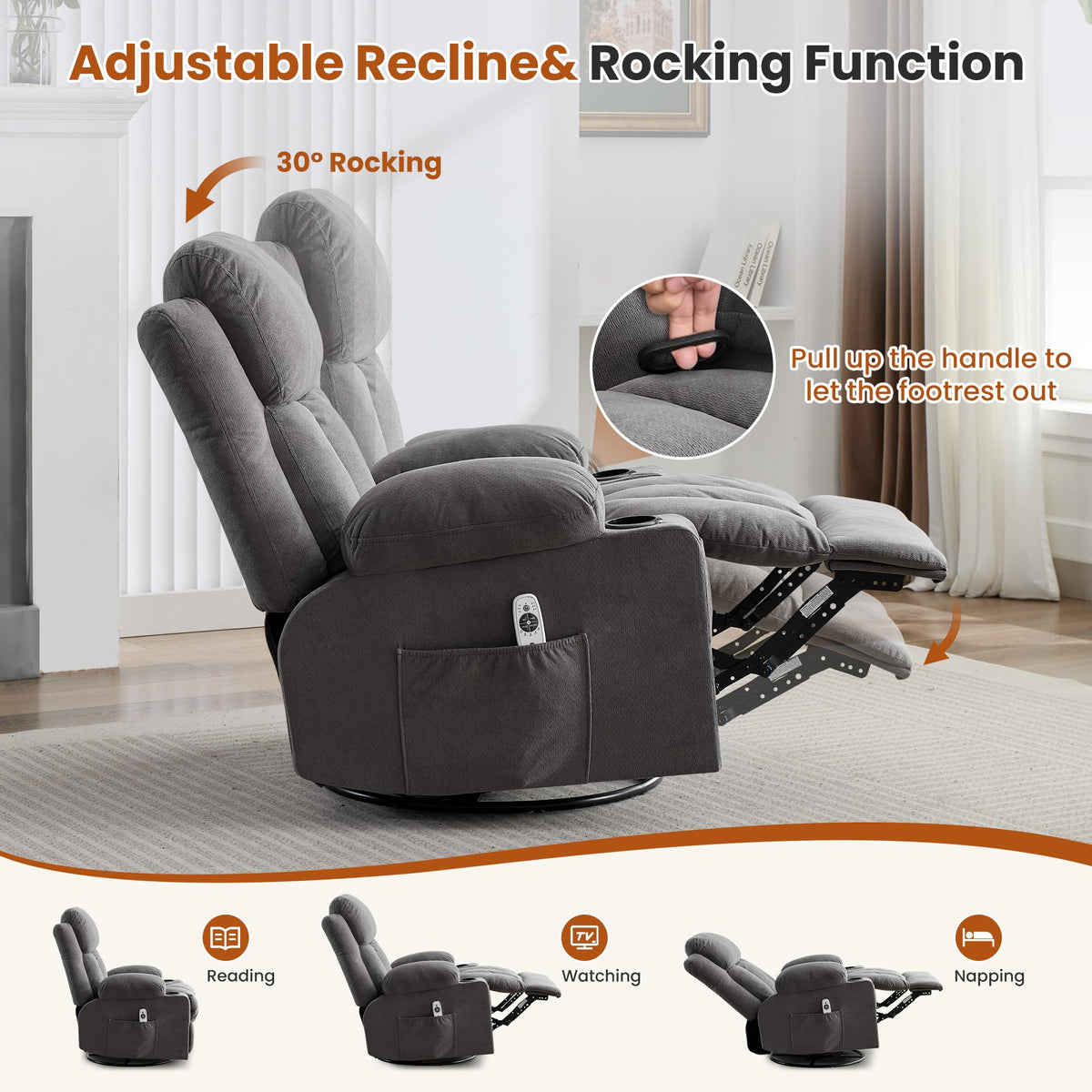 Swivel Rocker Recliner Chair with Massage and Heat O549522
