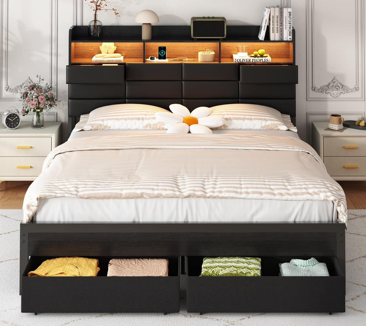 Black Upholstered Bed Frame with Storage Headboard, 4 Drawers, LED Lights, and Charging Station X4450