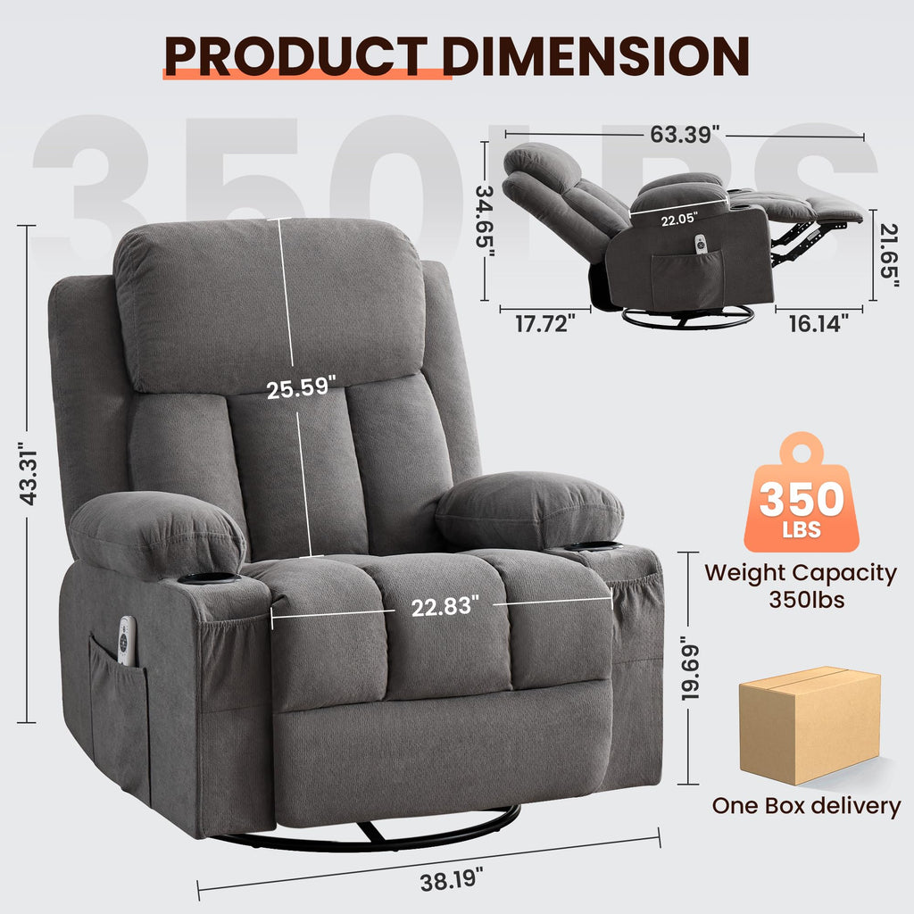 Swivel Rocker Recliner Chair with Massage and Heat O549522